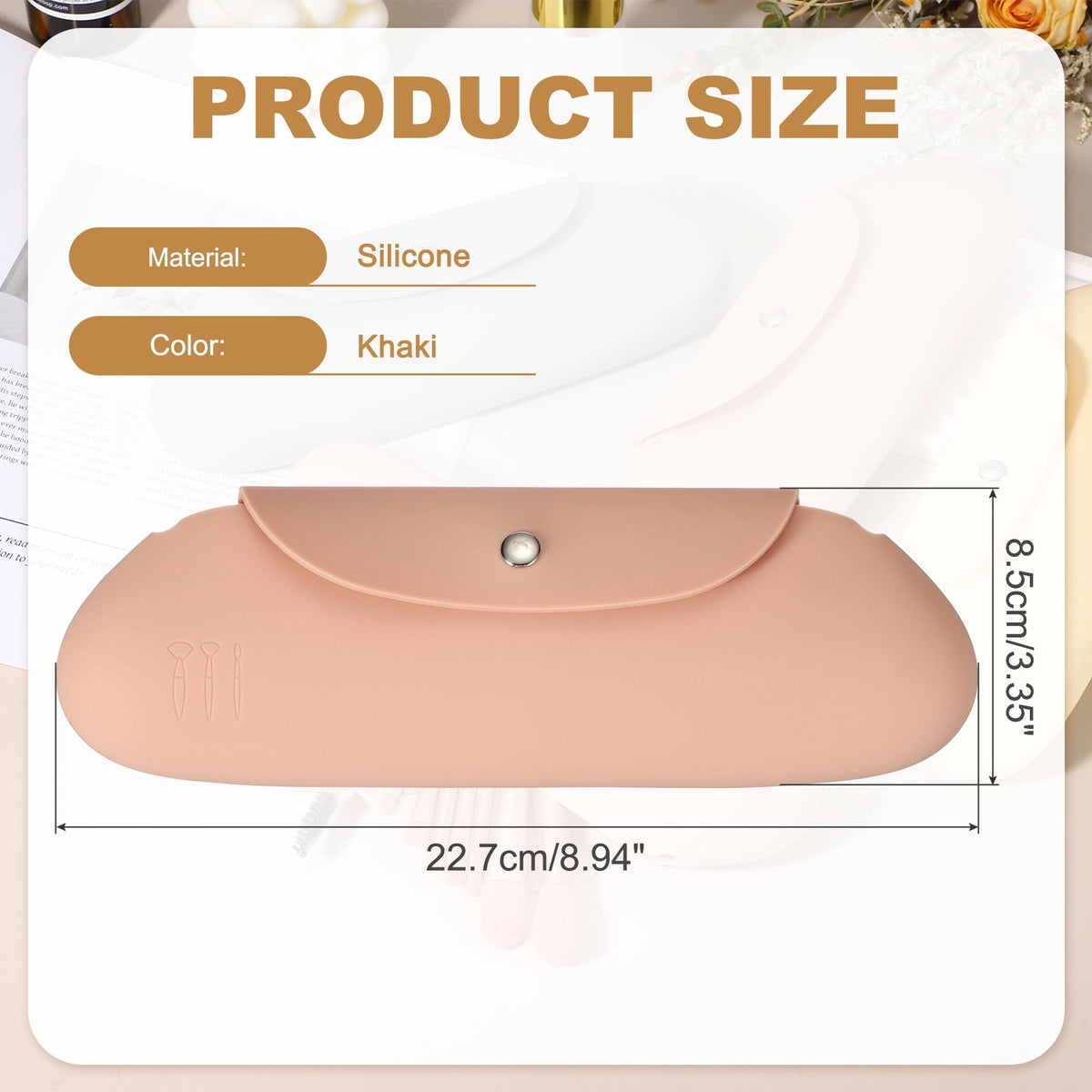 Silicone Makeup Brush Holder Travel Cosmetic Bag with Magnetic Closure - Khaki