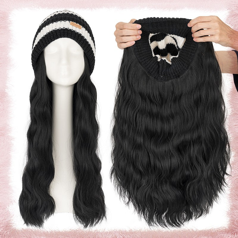 Women Knitted Wavy Wig Winter Beanie Hat - Long Curly Synthetic Hair