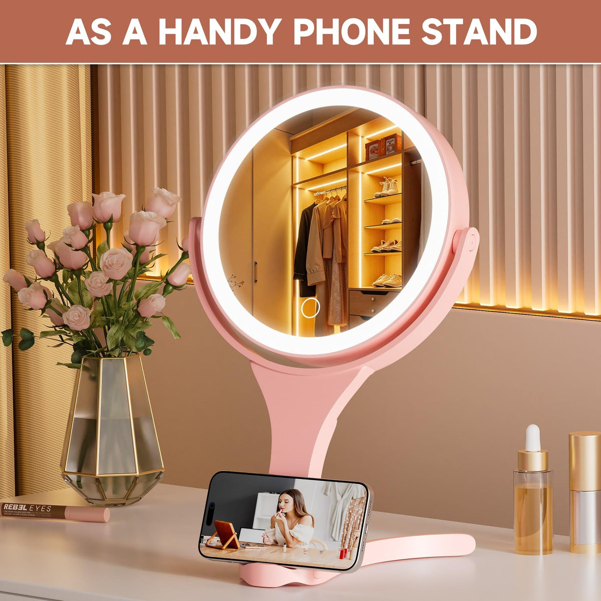 Portable Travel Makeup Mirror with Lights 360° Rotating 1X/10X Magnification Pink