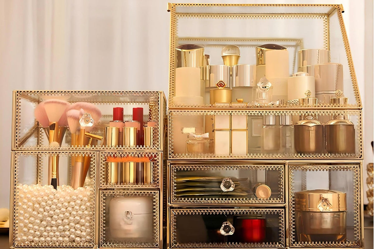 Large Glass Makeup Organizer Set - 16in Beauty Storage & Display with Pearl