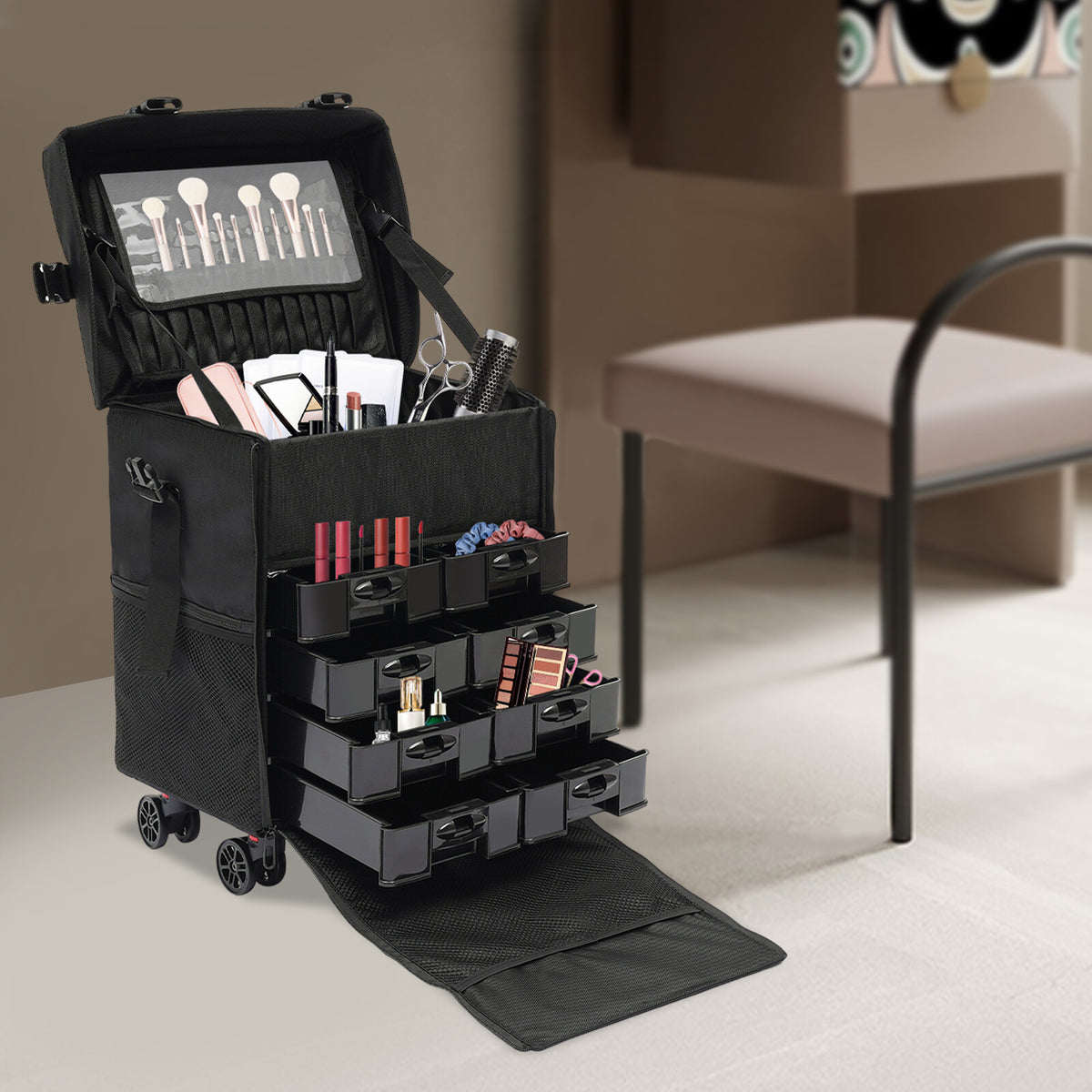 Professional Rolling Makeup Train Case with Drawers Travel Trolley