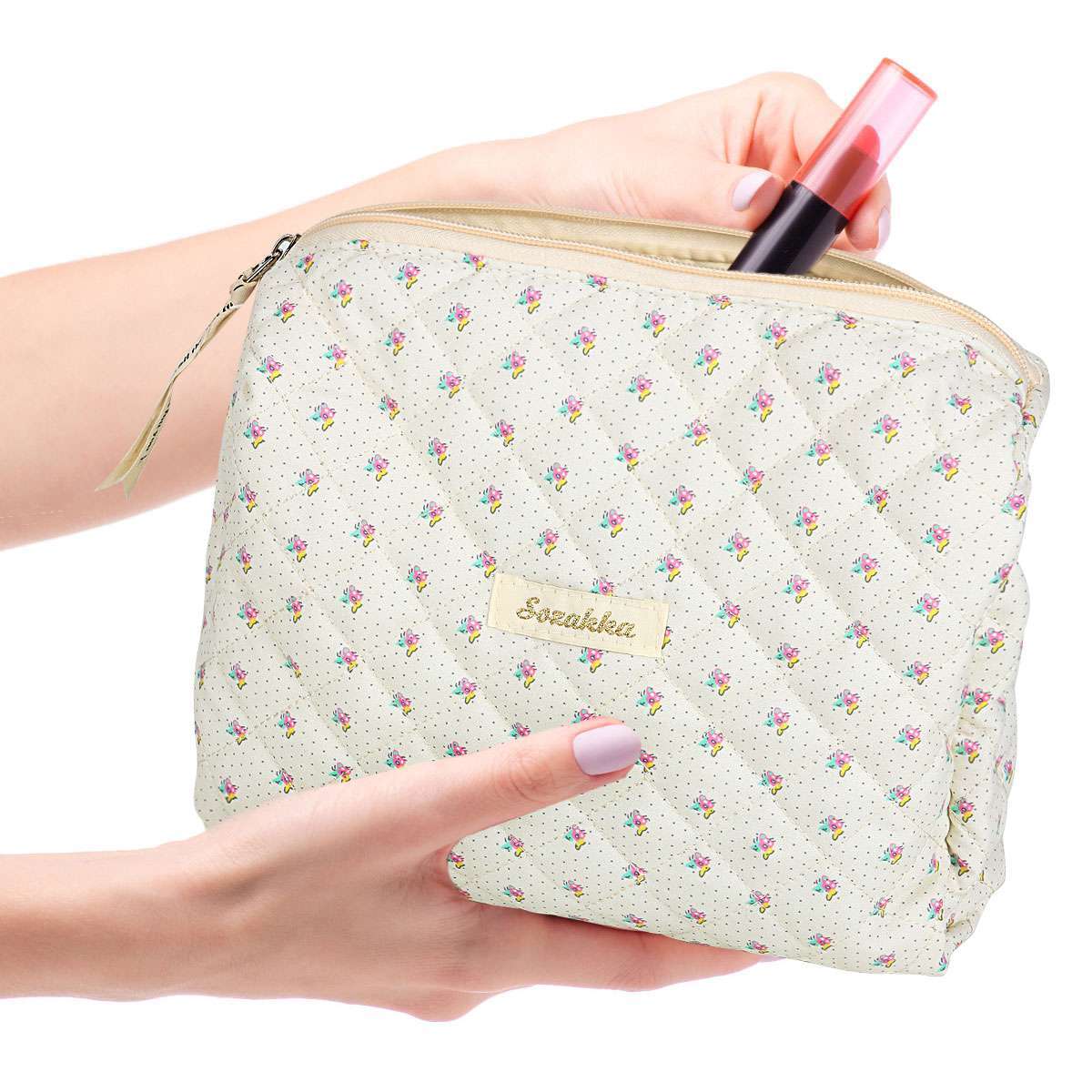 Elegant Travel Cosmetic Bag Organizer with Flower Pattern - Padded Toiletry Storage