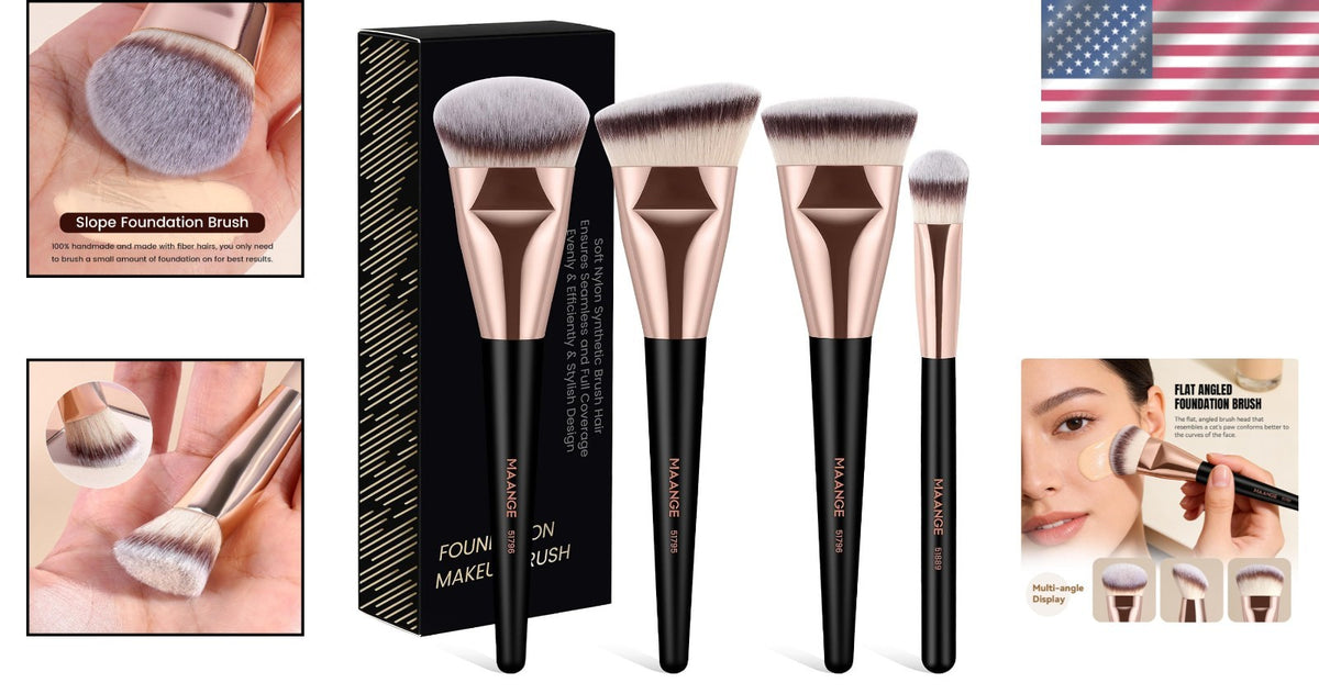 4-Piece Makeup Brush Set - Cruelty-Free Foundation, Concealer & Kabuki Brushes