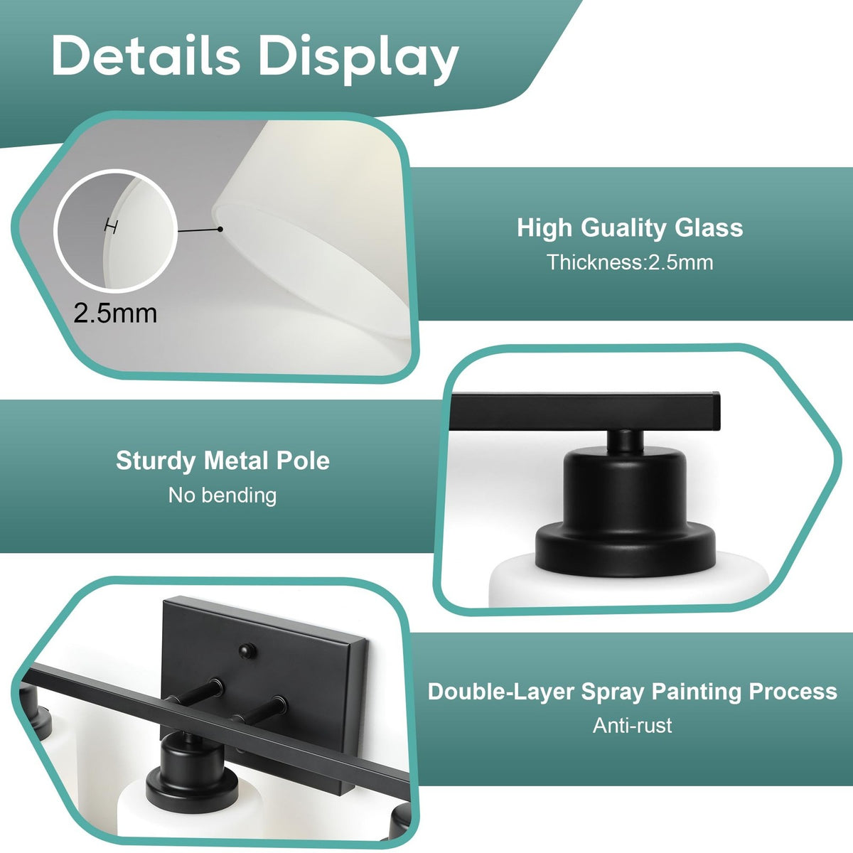 3-Light Vanity Light Fixture - Black Wall Sconce with Milky White Glass Shades