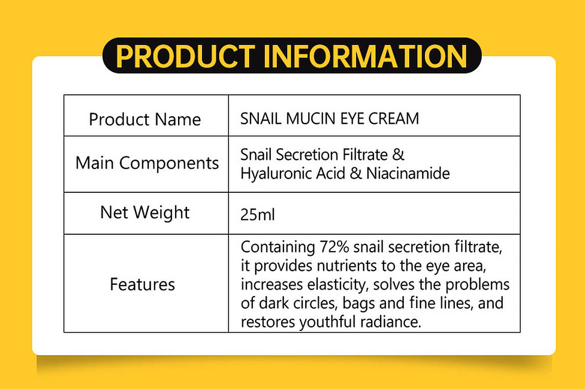 Snail Mucin Eye Cream for Dark Circles and Fine Lines - 25ml