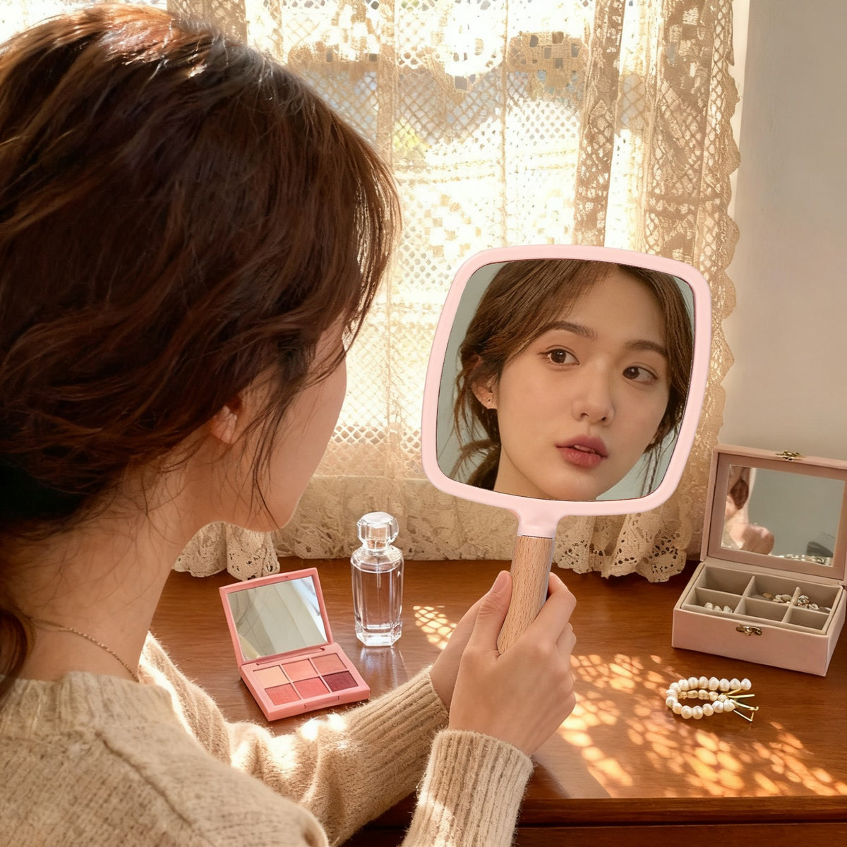 Wooden Handheld Makeup Mirror Square Portable Vanity Mirror Green