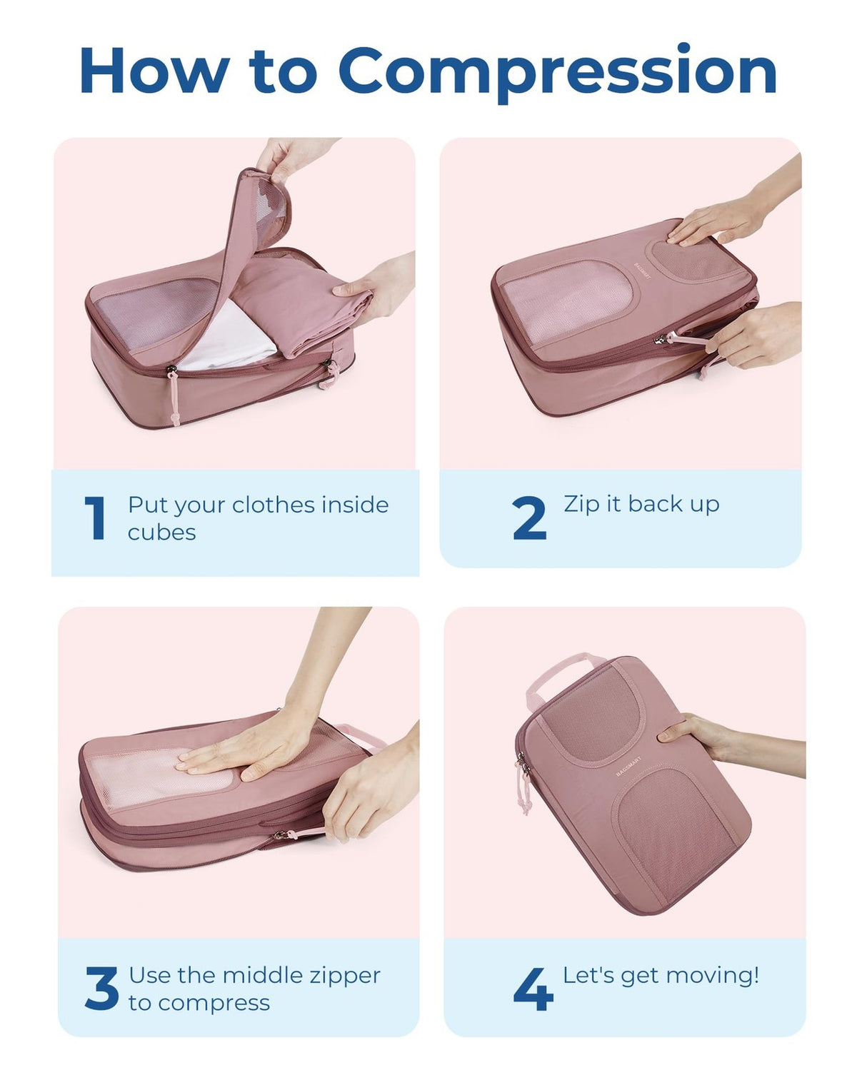 BAGSMART 6-Piece Compression Packing Cubes Set, Large, Dusty Pink