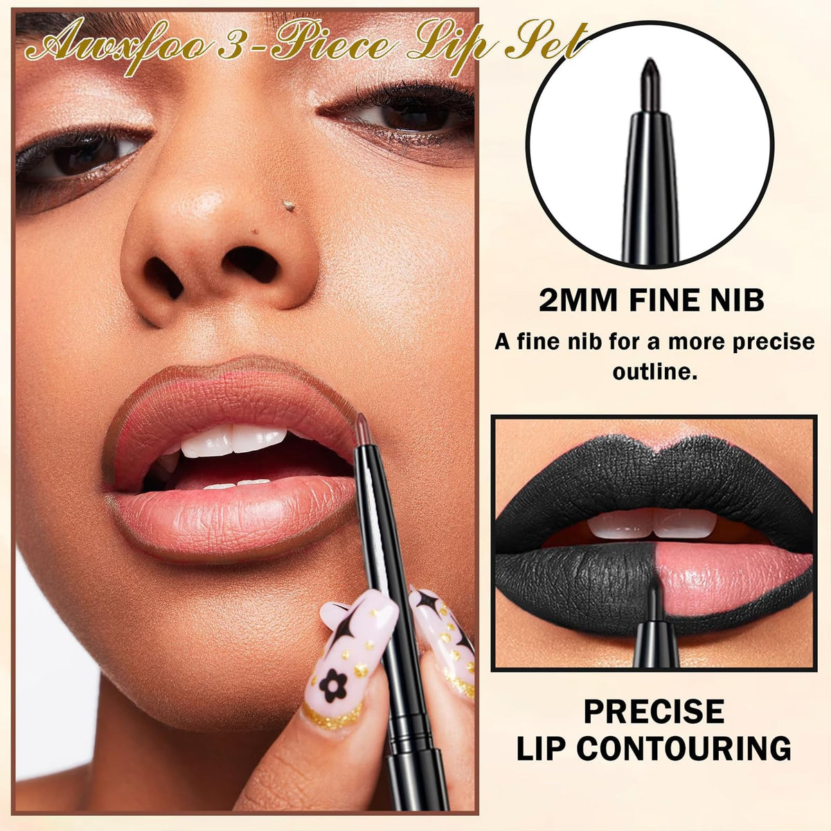 Black Lipstick and Lip Liner Set - 3-Piece Matte Lip Makeup Kit