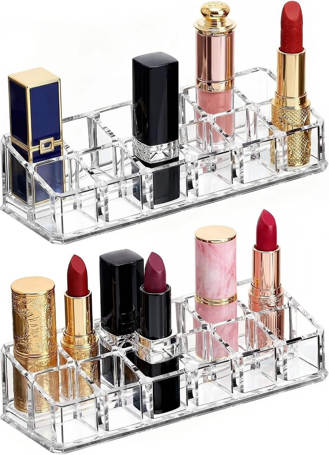 2 Pack Clear Acrylic Lipstick Organizer with 12 Slots for Makeup Storage