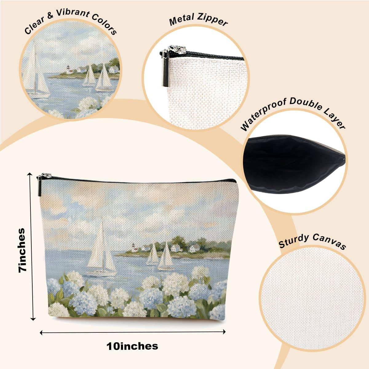 Watercolor Hydrangea Makeup Bag - Coastal Sailboat Floral Cosmetic Organizer
