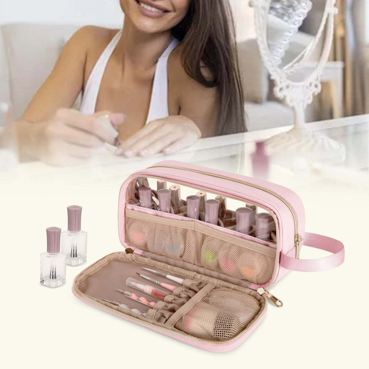 Nail Polish Organizer Case Holds 12 Bottles Storage Bag with Clear Window Pink