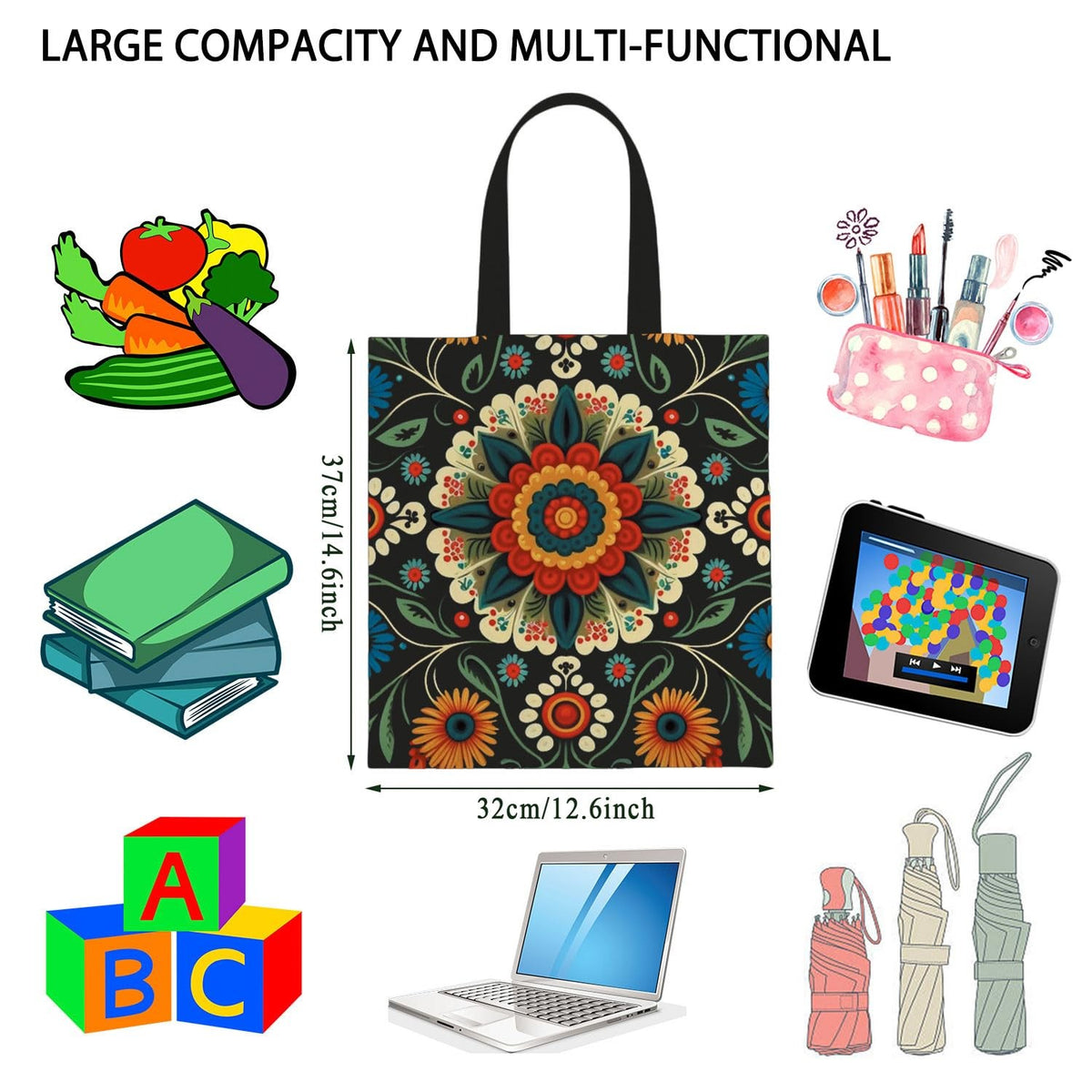 Polish Folk Art Tote Bag with Flowers - Reusable Handbag for Grocery & Travel
