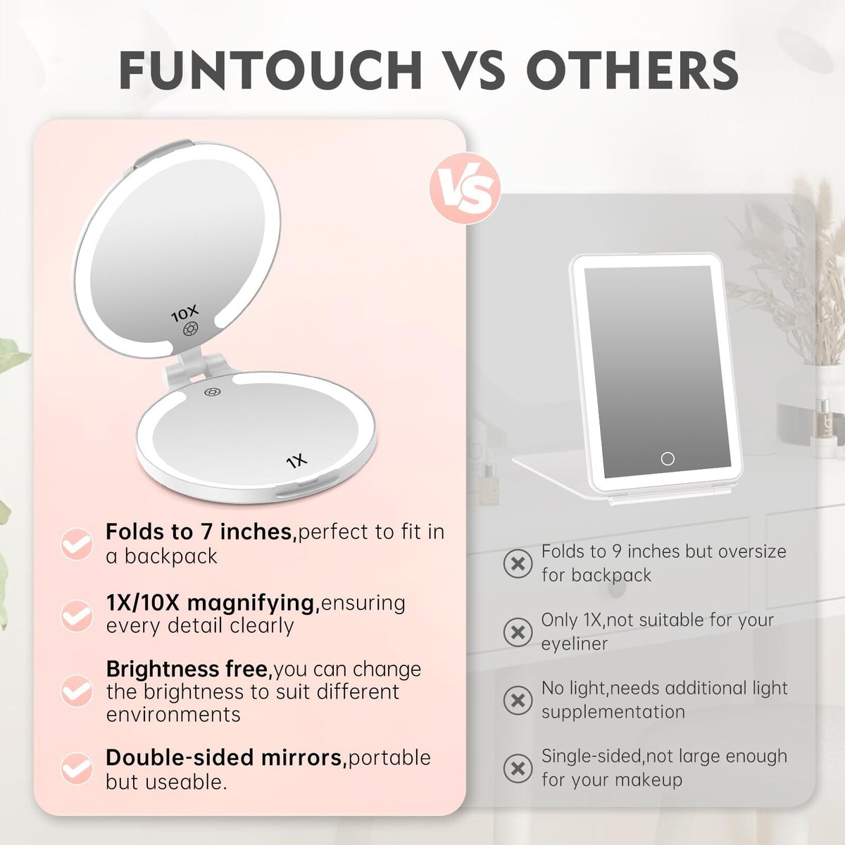 Travel Makeup Mirror with Lights and 10X Magnification - Rechargeable Portable Double-Sided Vanity Mirror, 3 Color Options