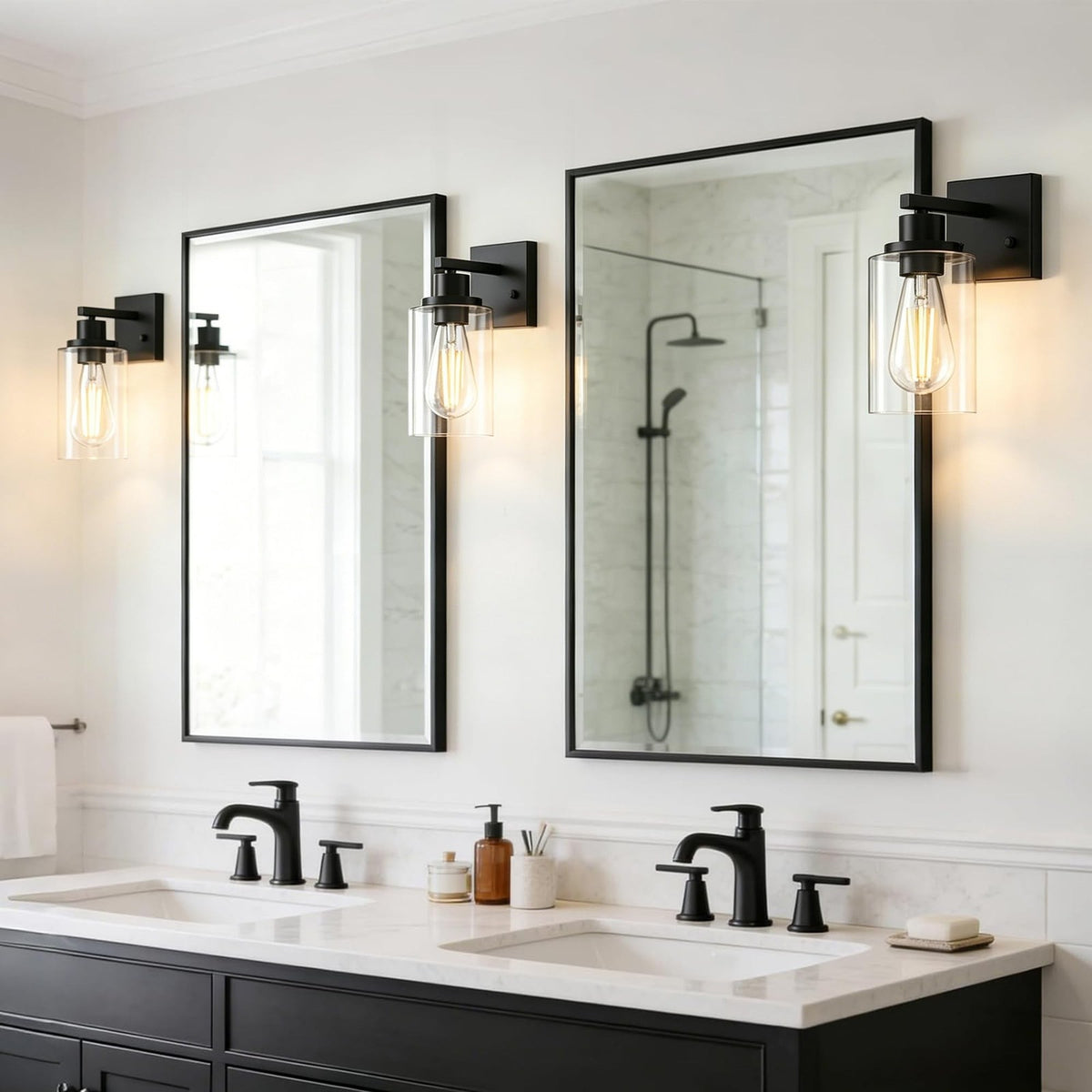 Set of 2 Matte Black Wall Sconces for Bathroom and Living Room - Modern Farmhouse Style