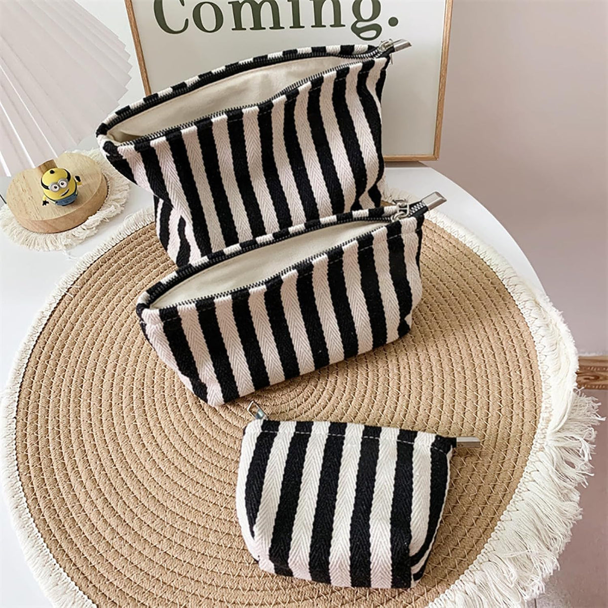Large Stripe Canvas Makeup Bag Cosmetic Travel Pouch Organizer - Vintage Black & White