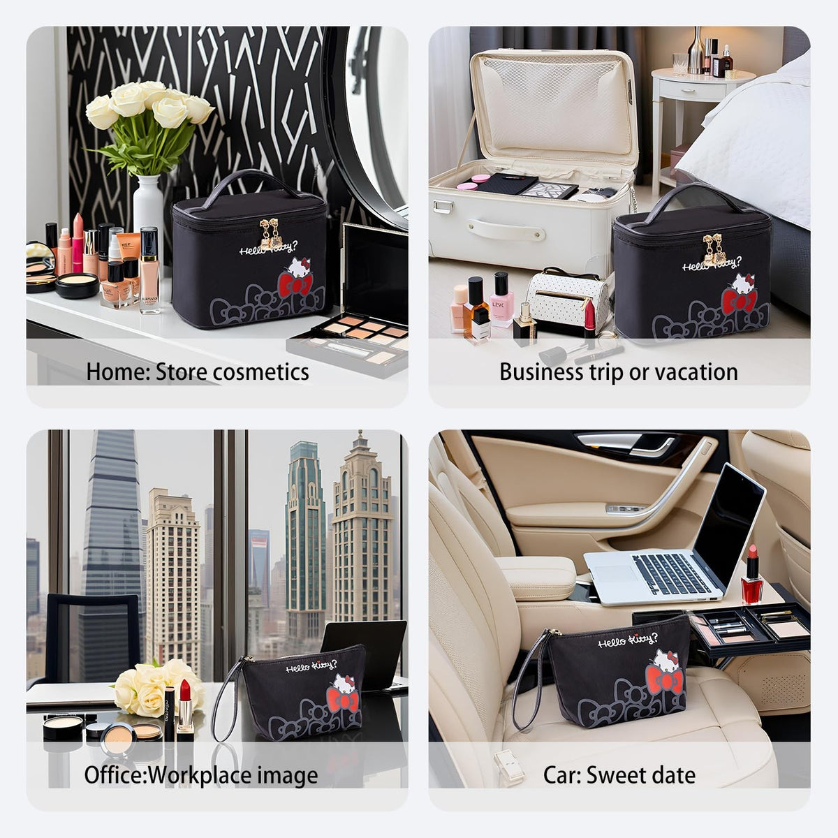 Large Waterproof Travel Makeup Bag Set with Matching Wrist Pouch - Black 2PCS