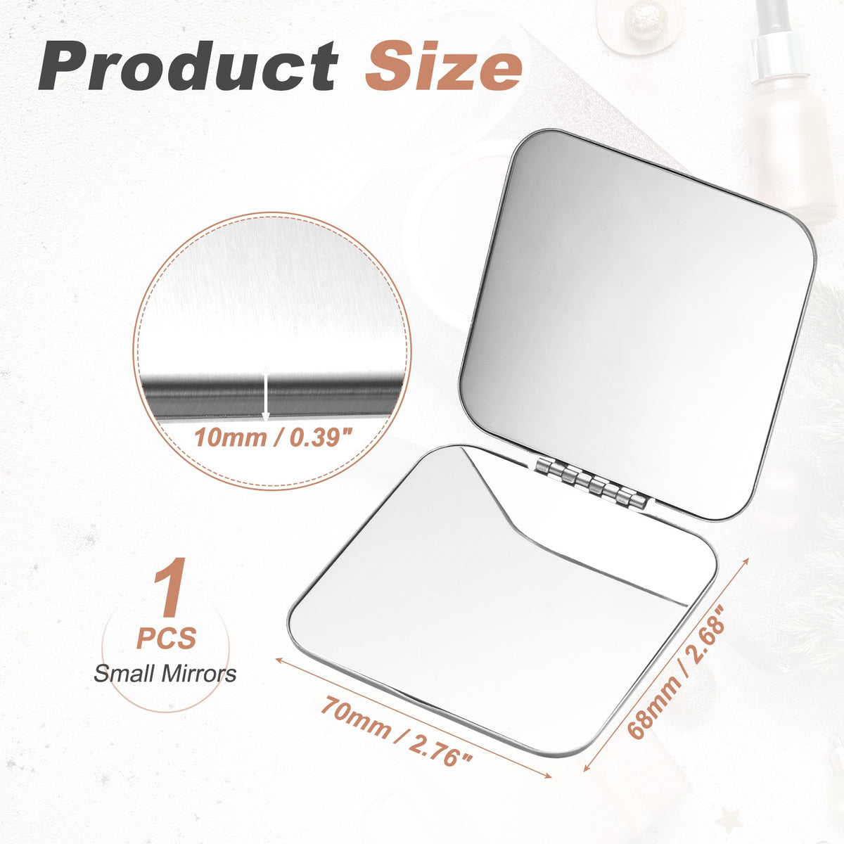 Small Stainless Steel Compact Pocket Mirror Square Silver for Travel & Makeup