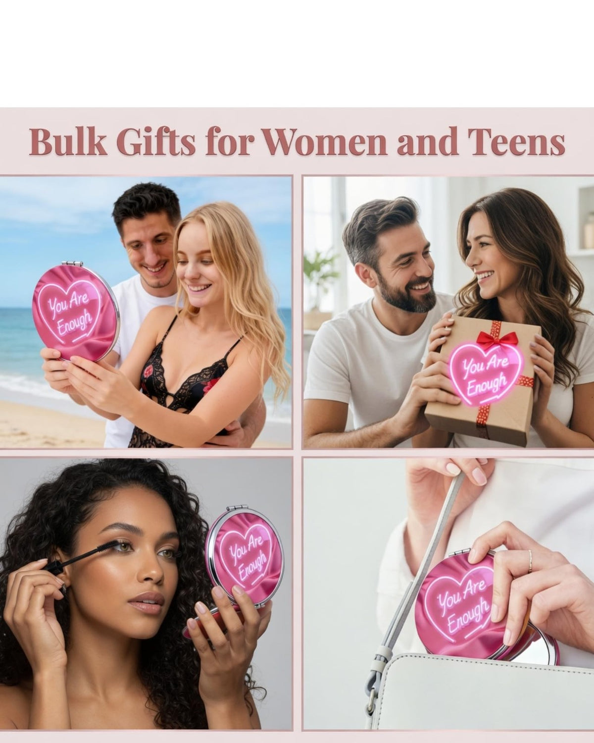12 Pack Pink Travel Compact Mirrors with Affirmations and Gift Bags for Women and Girls