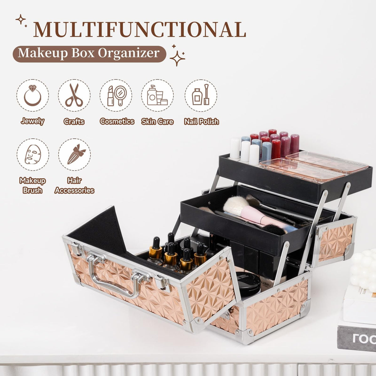 Lighted Makeup Train Case with Mirror Rose Gold Portable Organizer