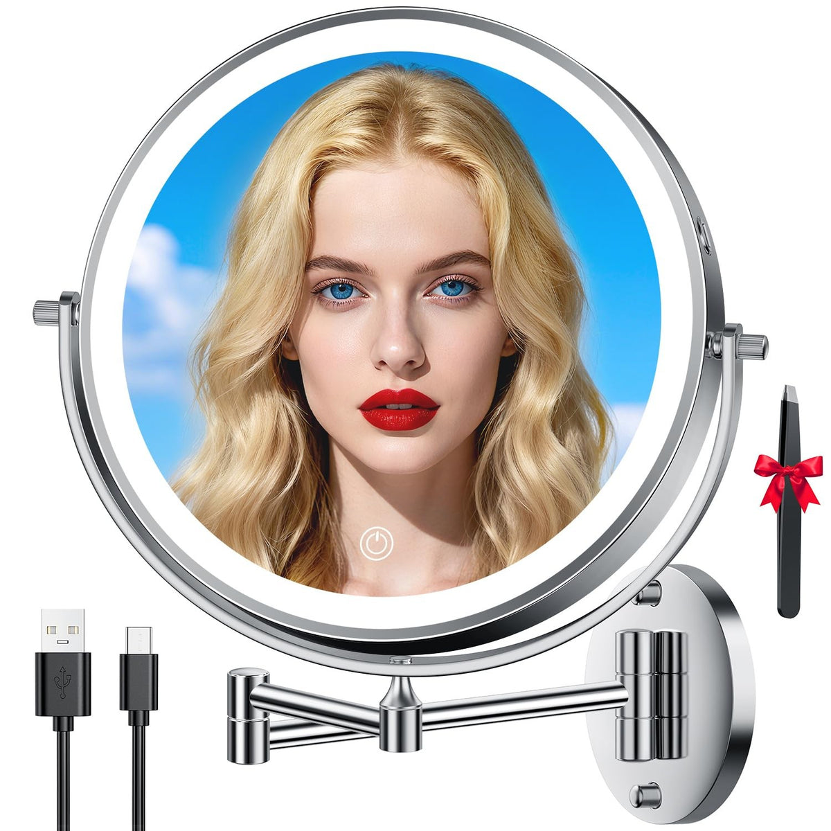 10-Inch Wall Mounted Lighted Makeup Mirror with 30X Magnification and Rechargeable LED