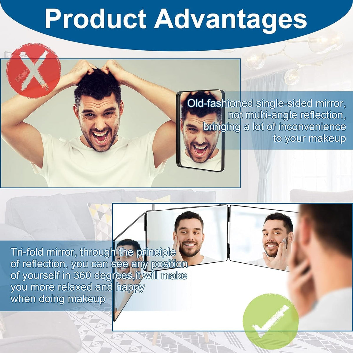 3-Way Self Hair Cutting Mirror - 360° Tri-Fold Shaving & Makeup Mirror