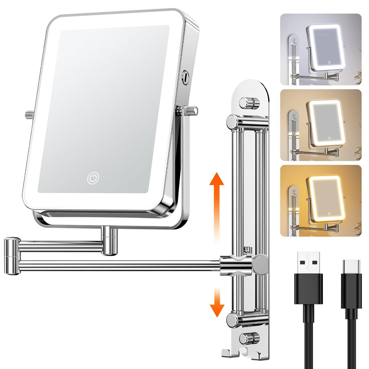 Height Adjustable Wall-Mounted Lighted Makeup Mirror with 10X Magnification and Hooks