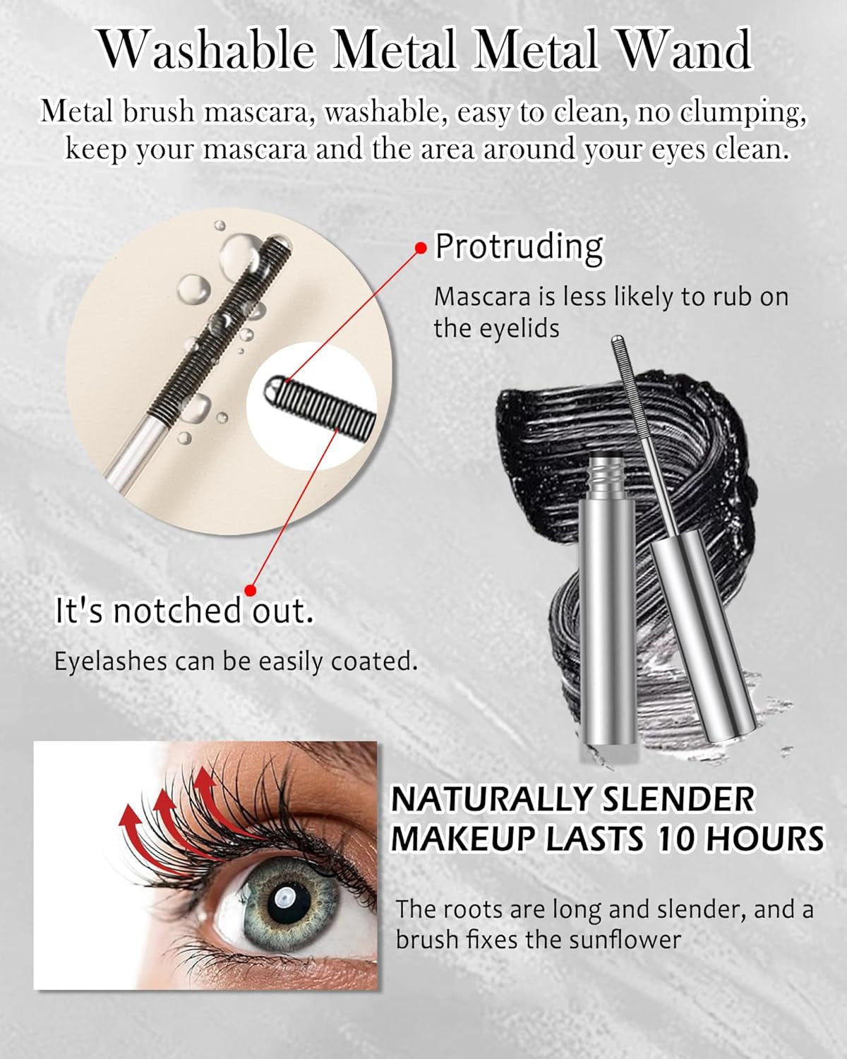 Waterproof Lengthening Mascara with Metal Wand - Clump-Free, 3D Volume, Black