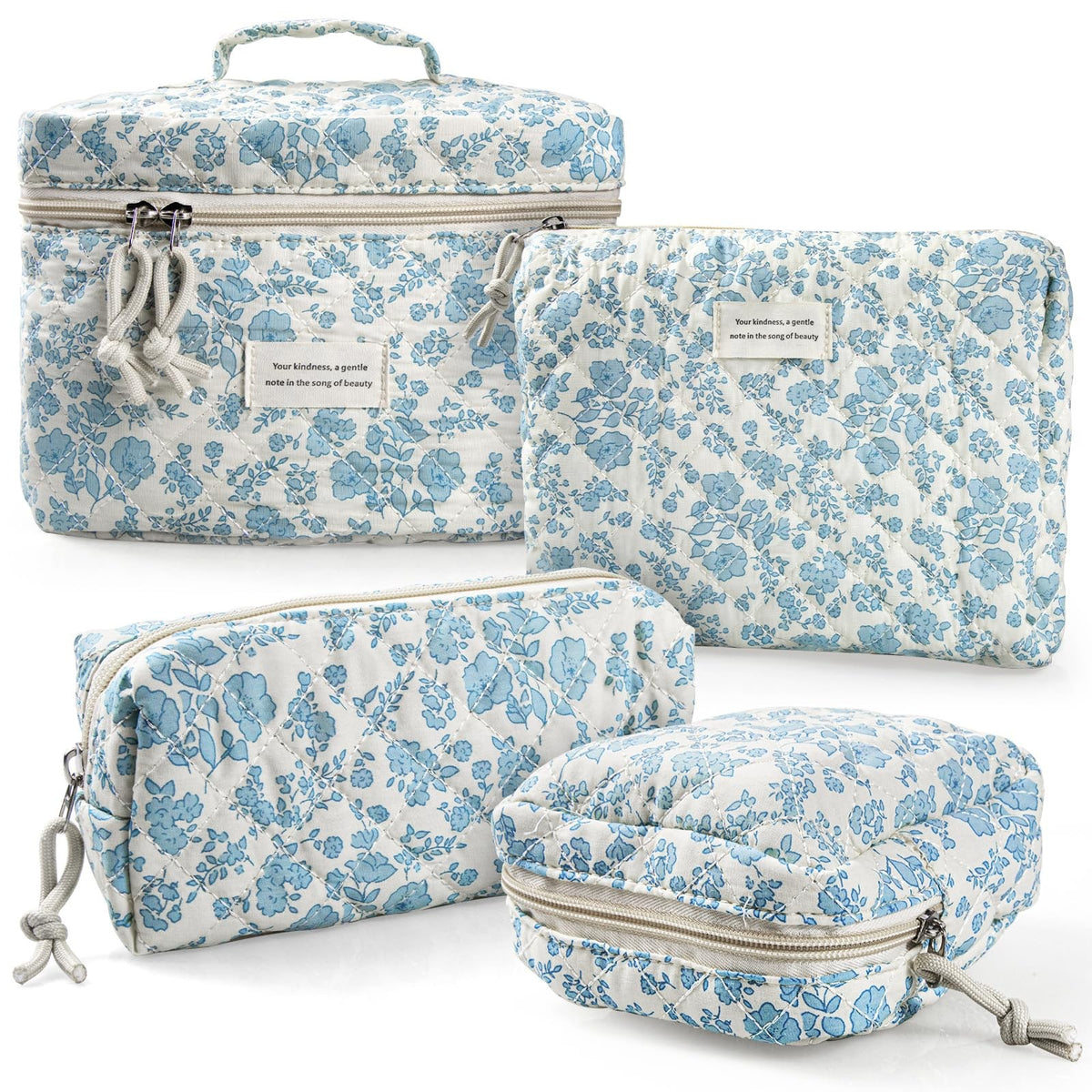 Large Cotton Quilted Travel Makeup Bag Set - Floral Sky Blue 4 Pack