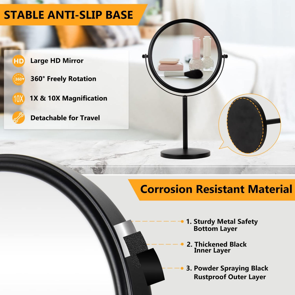10x Magnifying Tabletop Makeup Mirror - 8 Inch Black, 360° Swivel