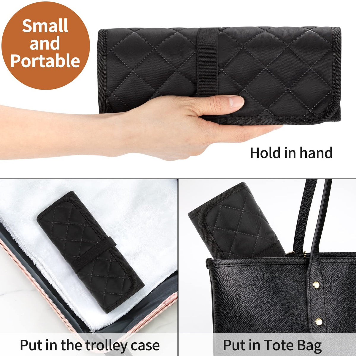 Makeup Brush Holder Roll-Up Bag - Compact Large Capacity Organizer for Cosmetics & Art Supplies, Black Rhombus