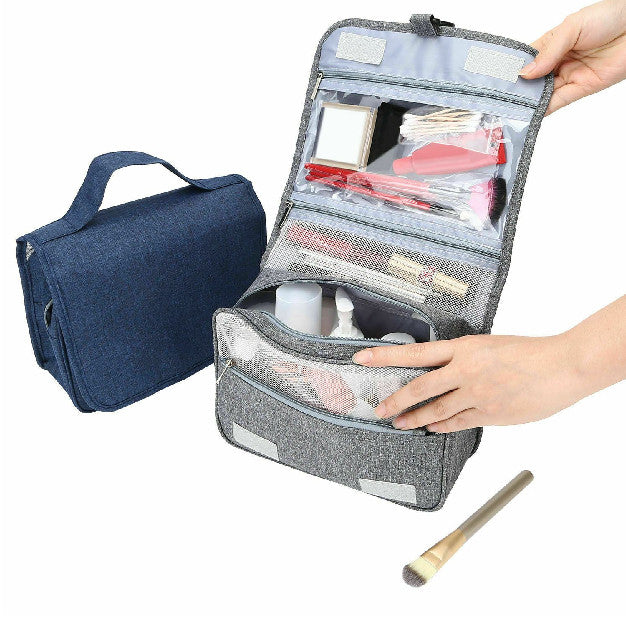 Navy Blue Travel Cosmetic Bag with Waterproof Lining and Multiple Compartments