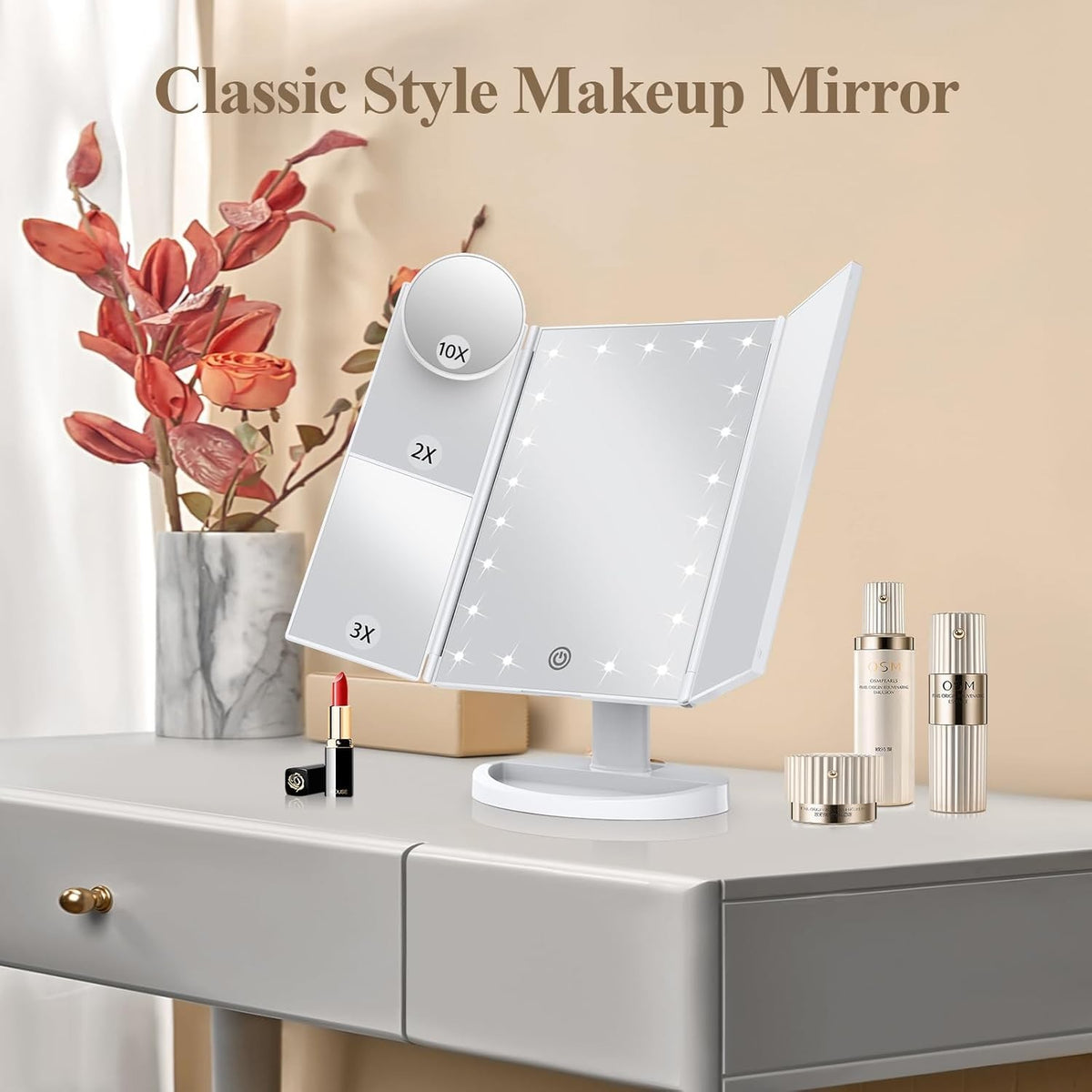 Trifold LED Makeup Mirror with 10X & 3X Magnification, Adjustable Brightness