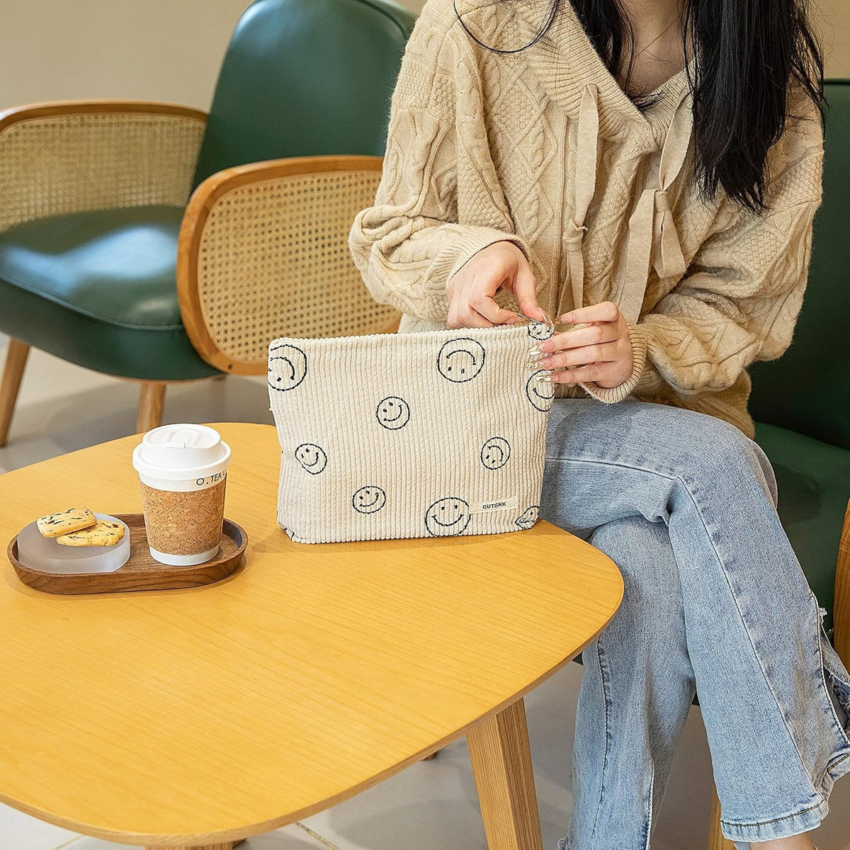 Corduroy Makeup Bag for Women - Aesthetic Ladies Tote with Smiling Faces