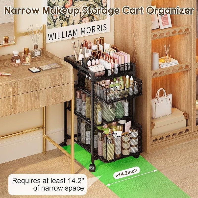 3-Drawer Rolling Makeup Organizer Cart with Dividers - Black