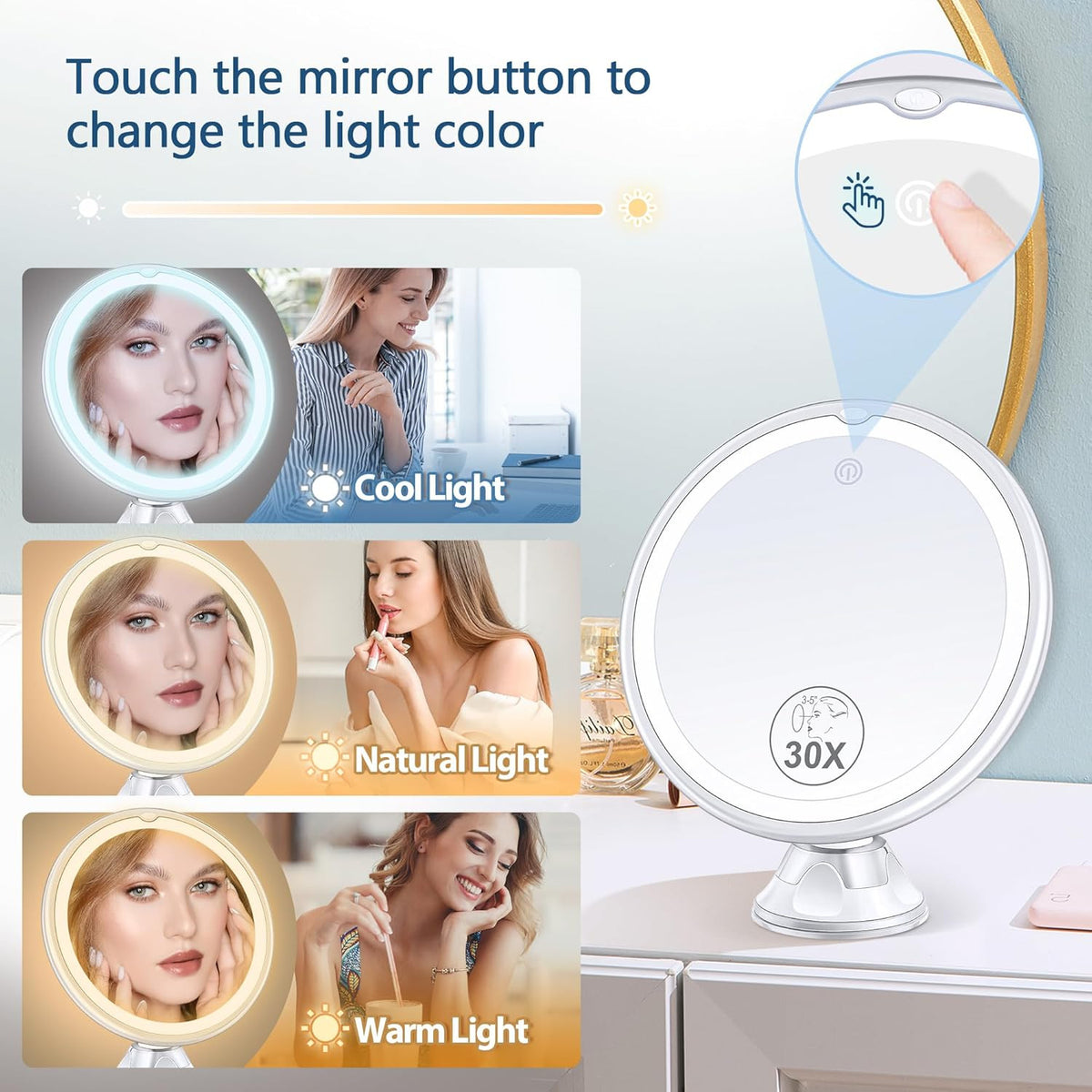 30X Magnifying Makeup Mirror with Light and Adjustable Brightness