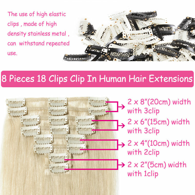Clip-In Human Hair Extensions Full Head - Virgin Remy, Multiple Colors & Lengths