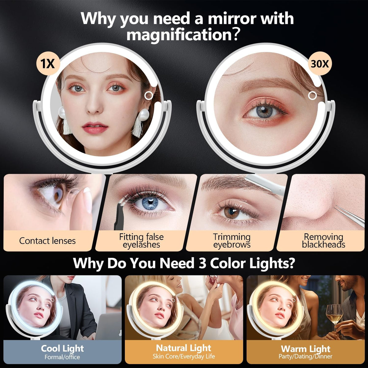 Lighted Makeup Mirror with 30X Magnification, Touch Control & Adjustable Brightness