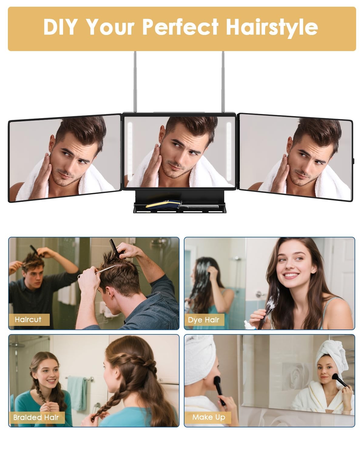 Rechargeable 3-Way Mirror with Storage Shelf & LED Lights for Grooming