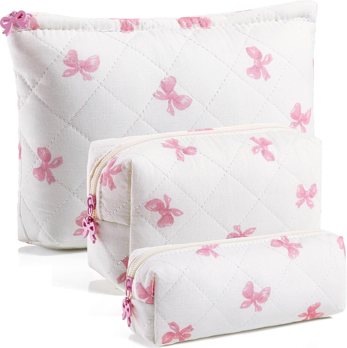 3-Piece Quilted Cotton Makeup Bag Set with Floral & Bow Design, Travel Cosmetic Organizer