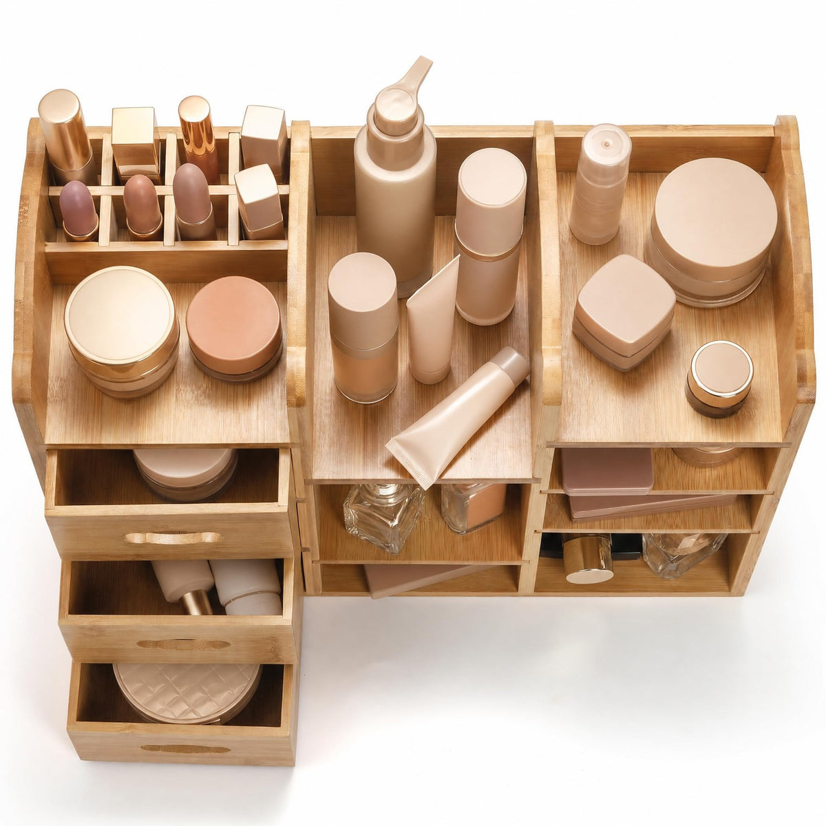 Bamboo Makeup Organizer with Drawers and Compartments - Multi-Functional Dresser Shelf