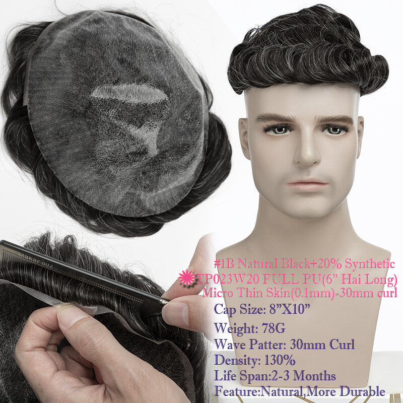 Men's Thin Skin Hair Replacement Toupee Human Hair System with Full PU Base