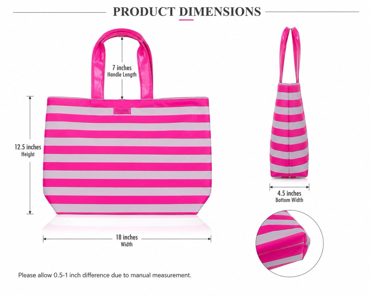 Set of 2 Large Pink and Gray Striped Tote Bags for Travel and Shopping