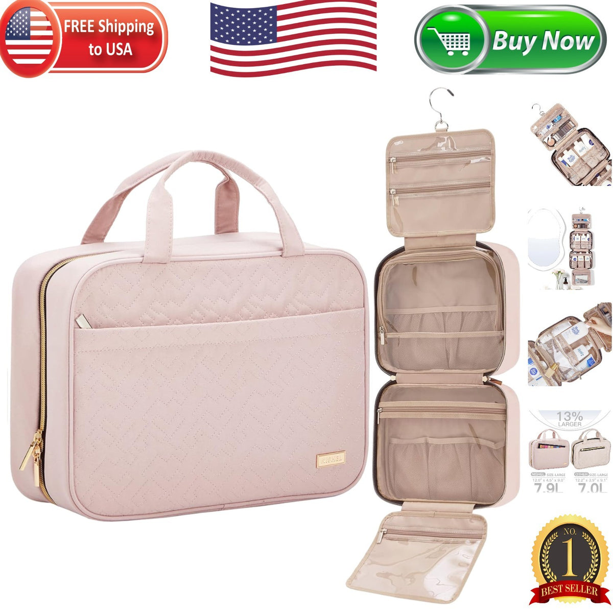 Travel Organizer Bag with Compartments for Toiletries and Makeup - Pink