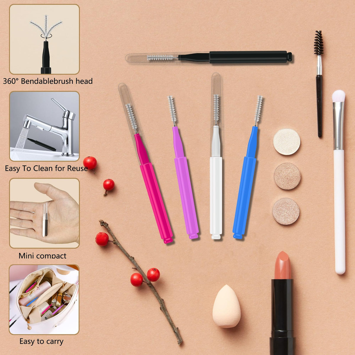 20 Pcs Micro Eyebrow & Eyelash Spoolie Brushes with Caps for Brow Lamination