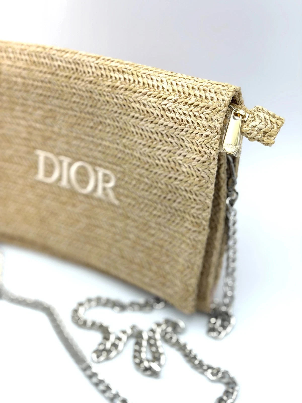 Straw Raffia Cosmetic Pouch with Silver Chain - Travel & Makeup Bag