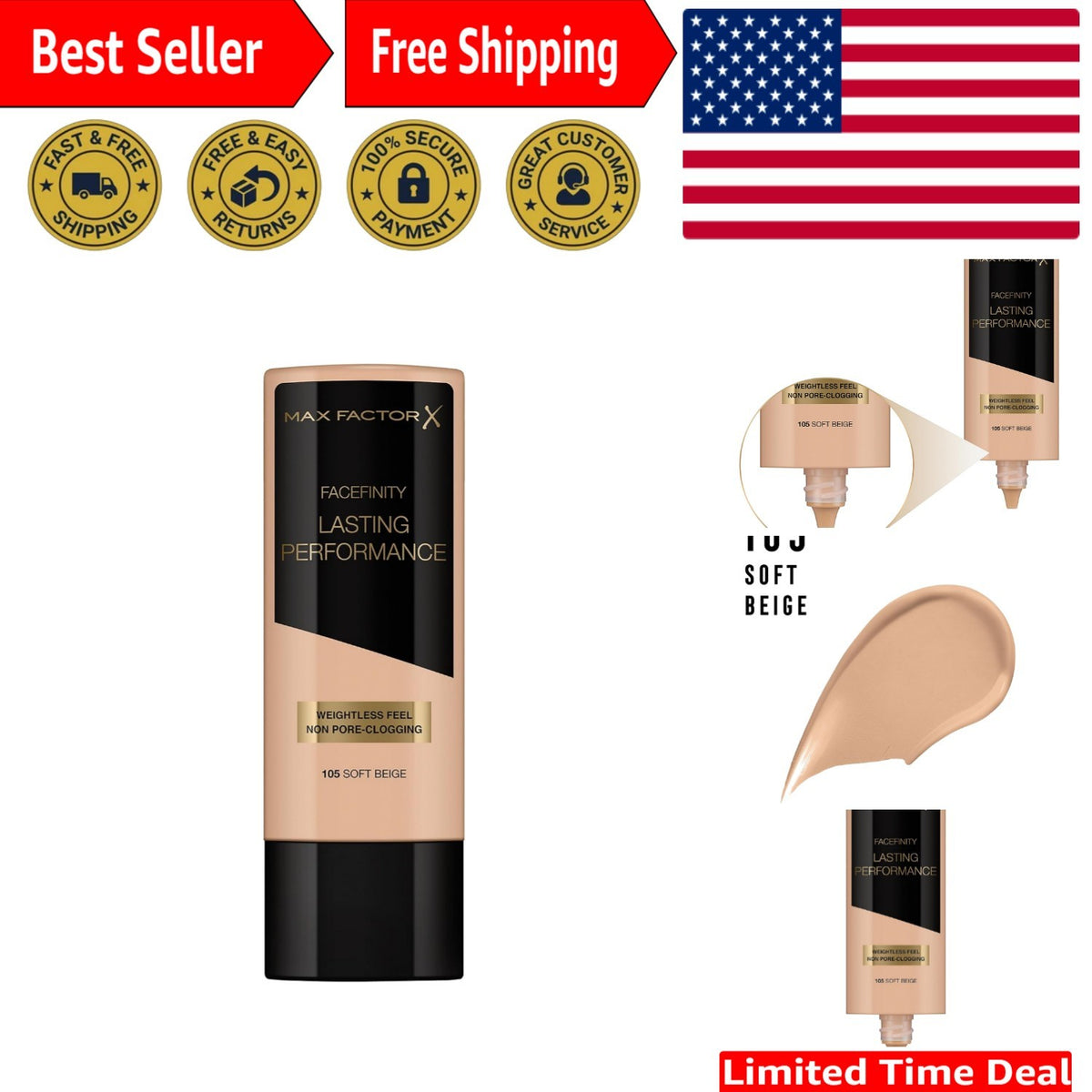 Full Coverage Liquid Foundation - 105 Soft Beige, 1.18 Oz All-Day Wear