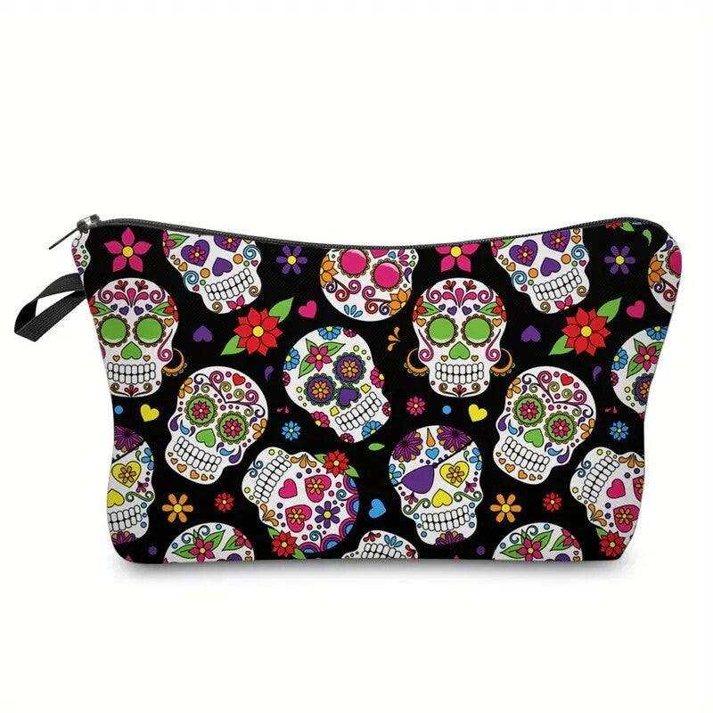 Skull Dia De Los Muertos Print Makeup Bag - Travel Essential Accessories