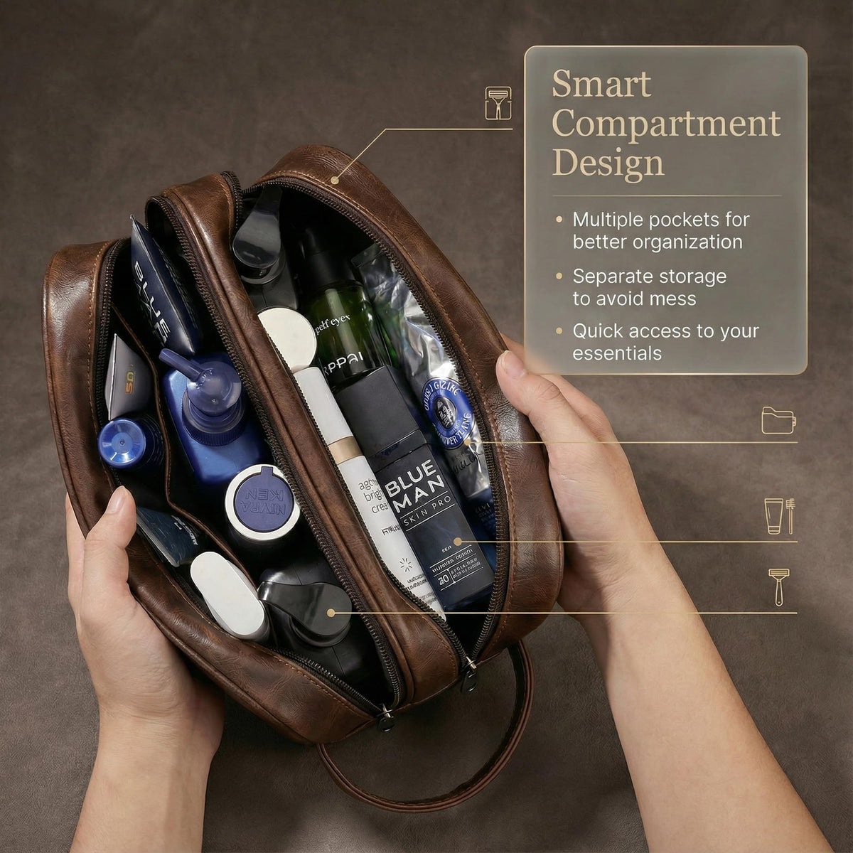 Men's Travel Toiletry Bag Leather Waterproof Shaving Organizer - Large Capacity