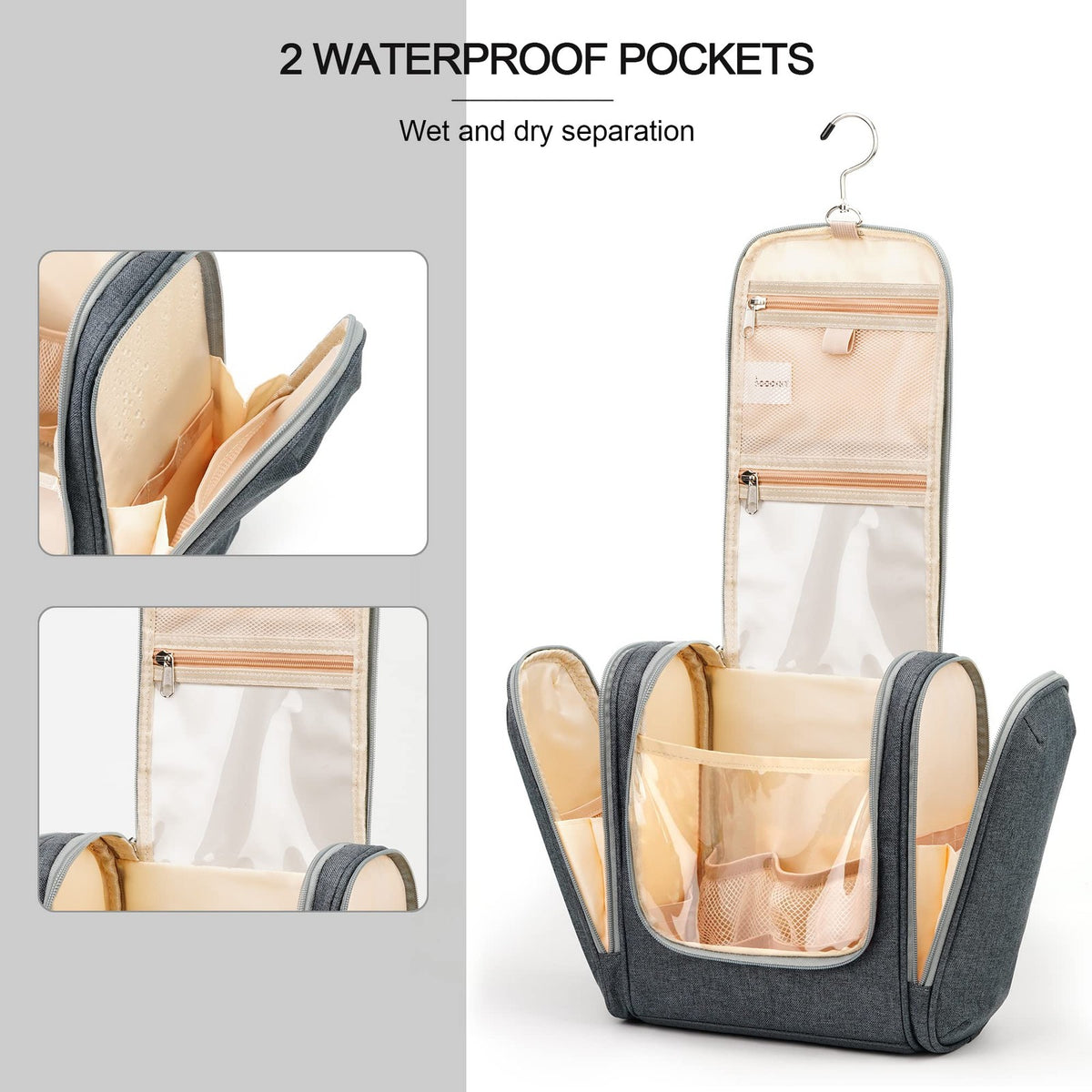 Travel Hanging Toiletry Bag for Women & Men Wet Dry Separation Grey