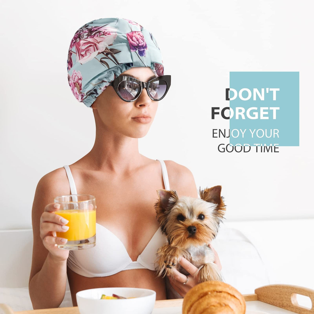 INNELO Luxury Shower Cap for Women Reusable One Size, Green-Flower